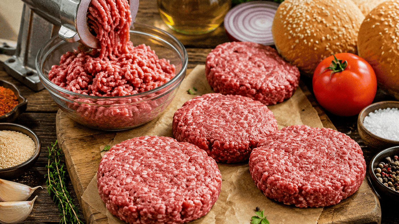 Fresh ground beef patties with ingredients for Cajun burgers on a wooden table.