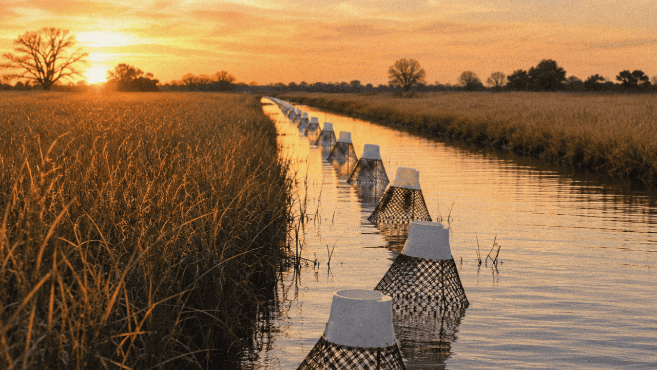 Sunset over a rice field with traditional crawfish fishing traps in a rural field at dusk.