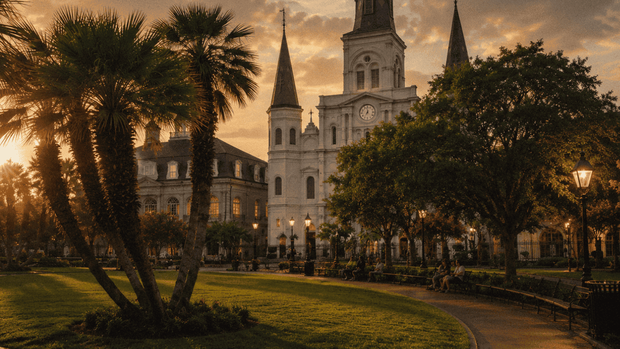 St. Louis Cathedral in New Orleans at sunset, featuring lush trees and a peaceful park setting.