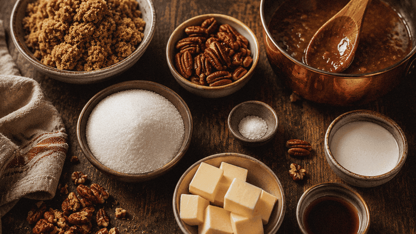 Ingredients for pralines laid out on wooden table like pecans, brown sugar, butter and vanilla getting ready to cook