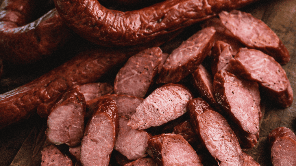 Close-up of sliced Cajun smoked sausage on a wooden surface.