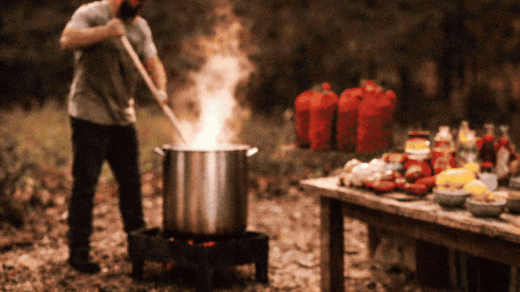 Outdoor cooking with a man stirring a large pot that he is cooking crawfish in, surrounded by food in a forest setting.