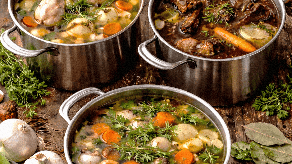 Hearty homemade beef, chicken and vegetable stocks on a table with fresh vegetables and herbs in stainless steel pots.