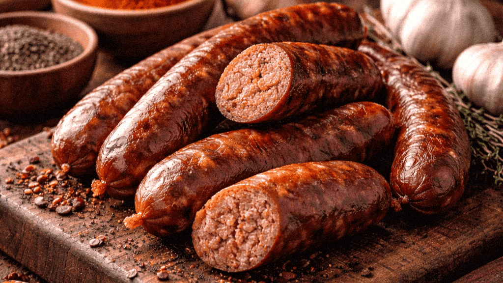 A sausage platter with grilled sausages, garlic, spices, and herbs on a wooden cutting board.