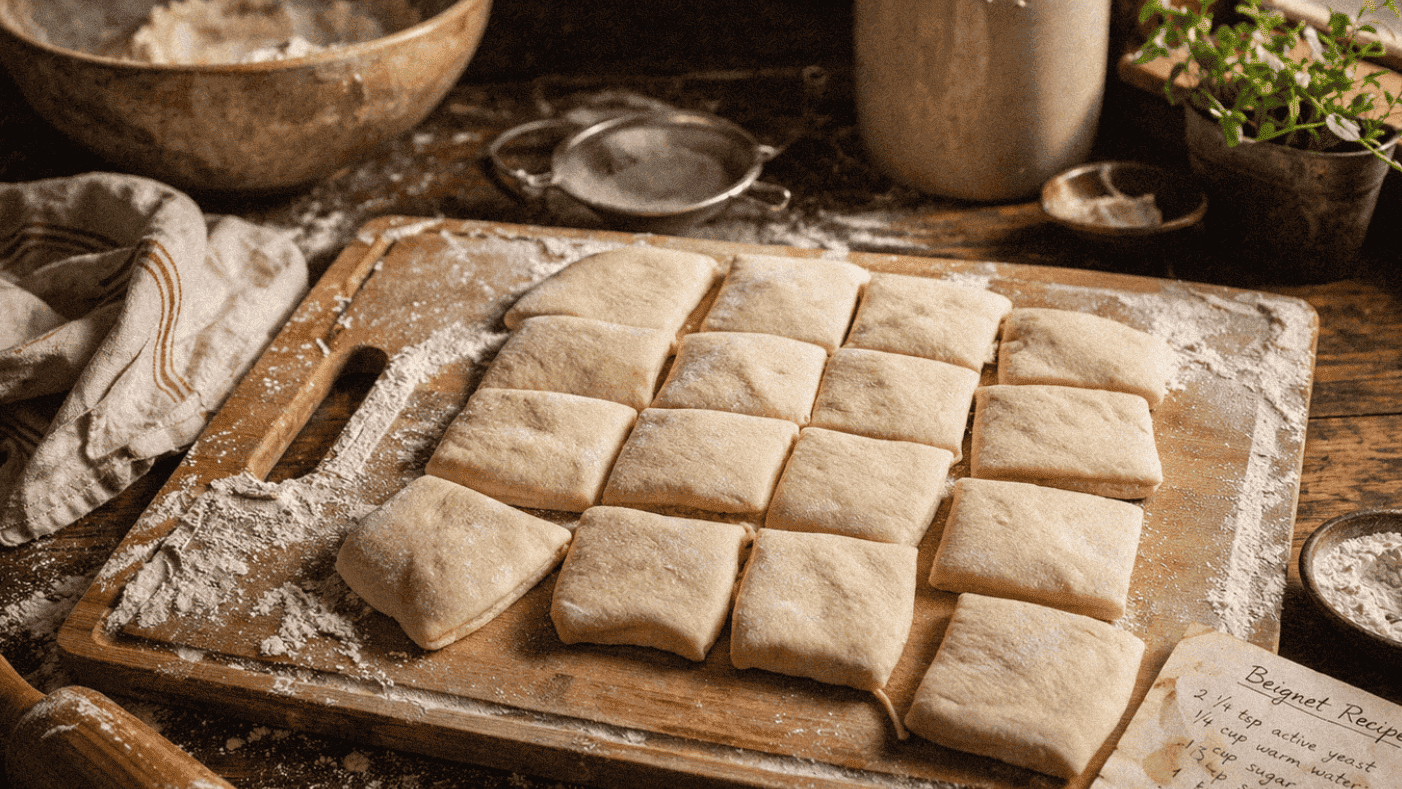 Homemade beignet dough preparation with flour, rolling pin, and baking ingredients on rustic kitchen table.