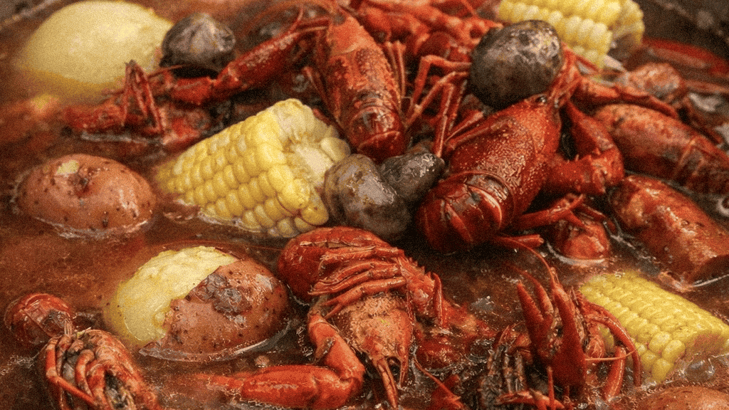 Boiled crawfish with corn, potatoes, and seasoning in a large pot.