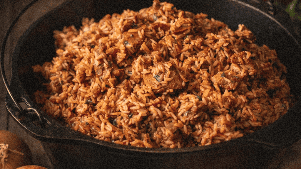 Delicious Cajun-style seasoned rice in a black skillet, Louisiana cuisine.