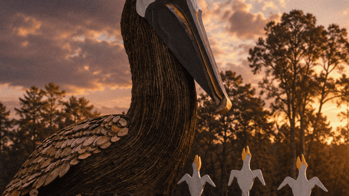Pelican bonfire sculpture with flying bird figures at sunset on the levee, outdoor holiday celebration