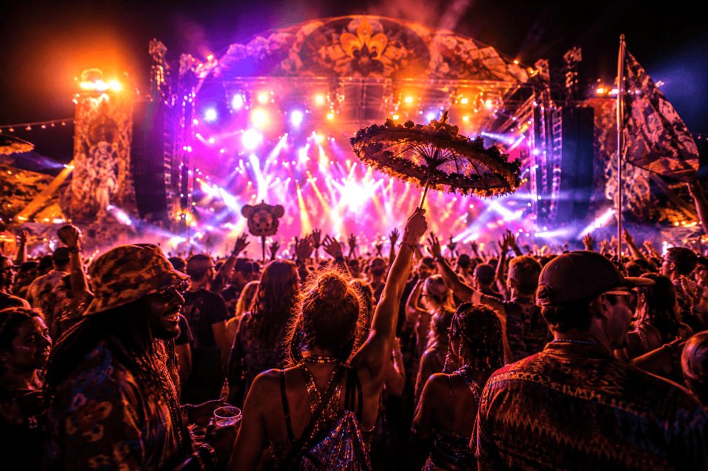 Vibrant Louisiana music festival with colorful lights and lively crowd.
