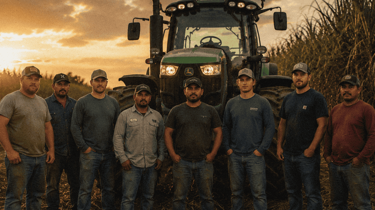 Farmers and tractor in a sugarcane field at sunset, emphasizing agriculture, farming, teamwork, and modern far.
