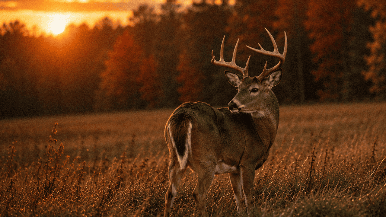 Majestic buck in Louisiana outdoors at sunset with autumn trees in background.