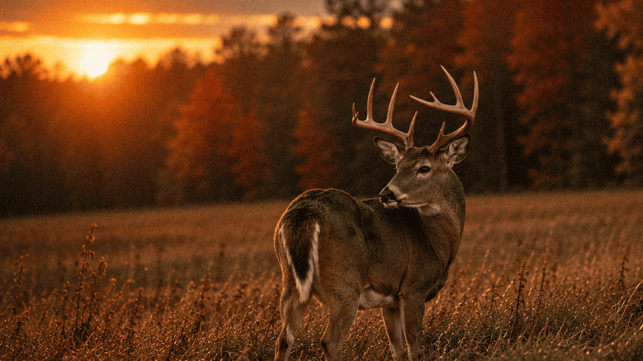 Whitetail Deer with large antlers standing in a field during sunset, surrounded by autumn trees.