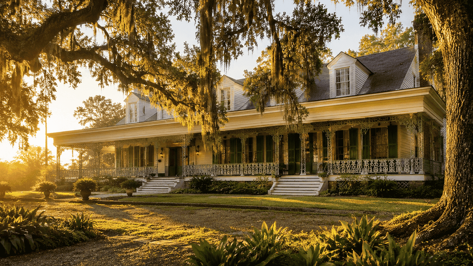 Historic Louisiana plantation house at sunset with moss-covered trees.