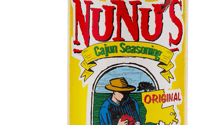 Nunu's Cajun Seasoning container with Louisiana map and Cajun chef illustration.
