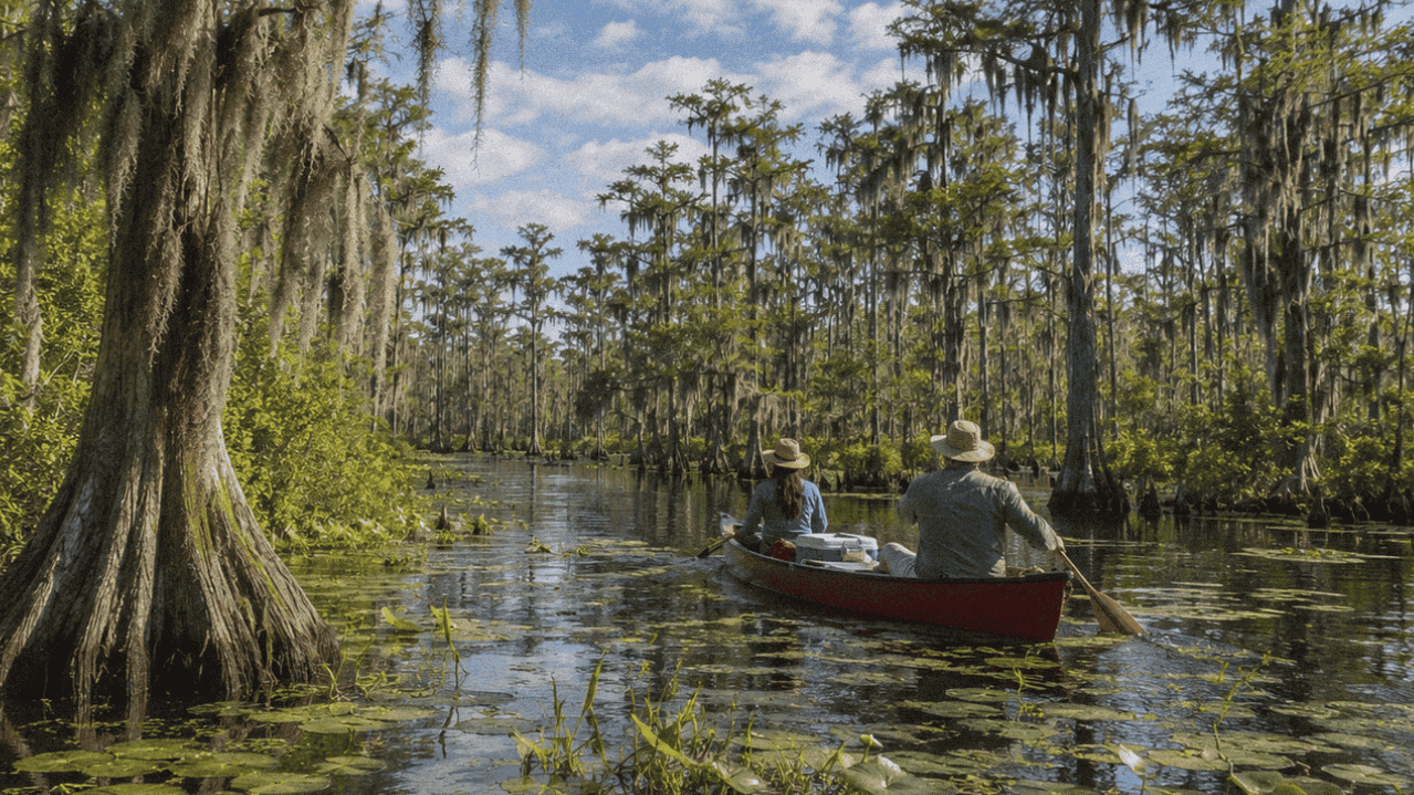 Two people paddling a canoe through a swamp with cypress trees and Spanish moss.