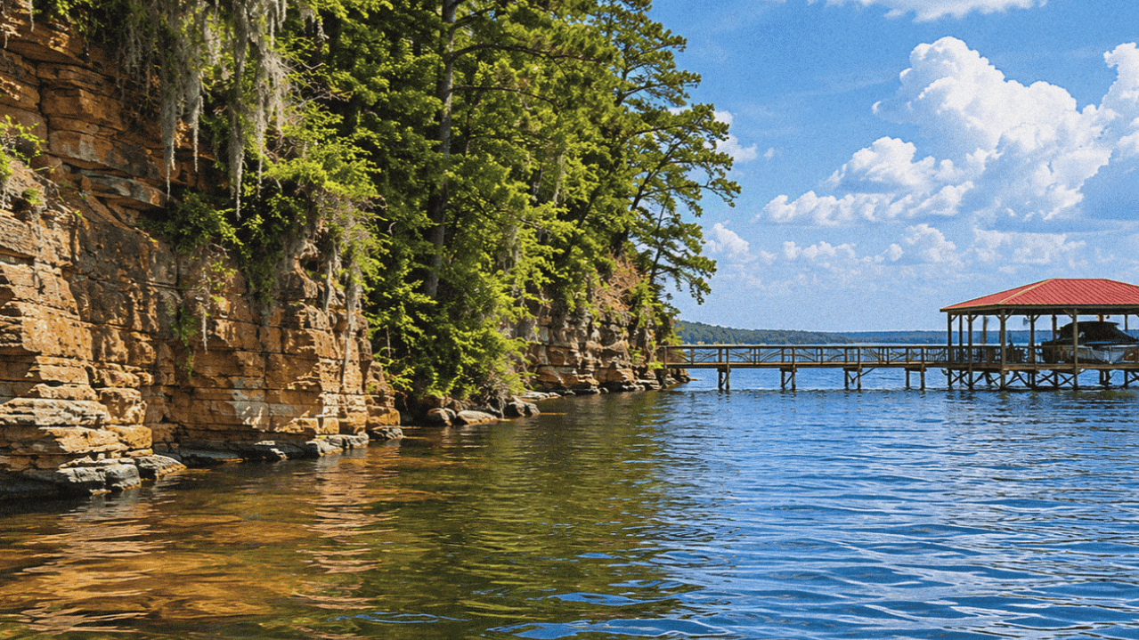 Scenic lake shoreline at Toledo Bend with trees, rocky cliffs, and a wooden pier under a blue sky.