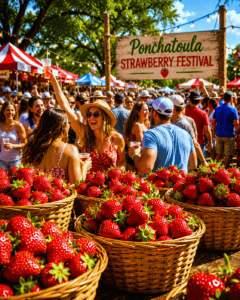 People enjoying the Ponchatoula Strawberry Festival in Louisiana with baskets of strawberries and a.