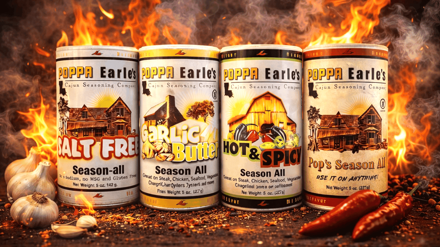 Louisiana Cajun seasoning cans with garlic, chili peppers, and spices on a fiery background.