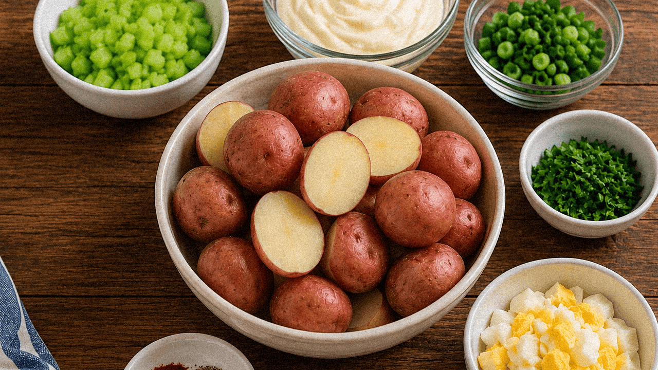 Fresh red potatoes with herbs, mayonnaise, and seasonings for Cajun potato salad.