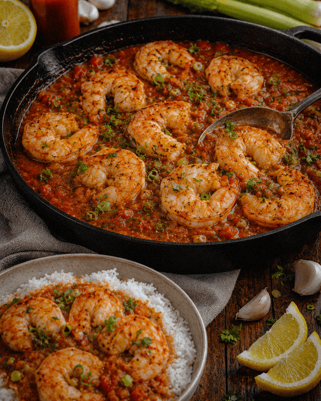 Louisiana Cajun shrimp in spicy tomato sauce with rice and lemon wedges.