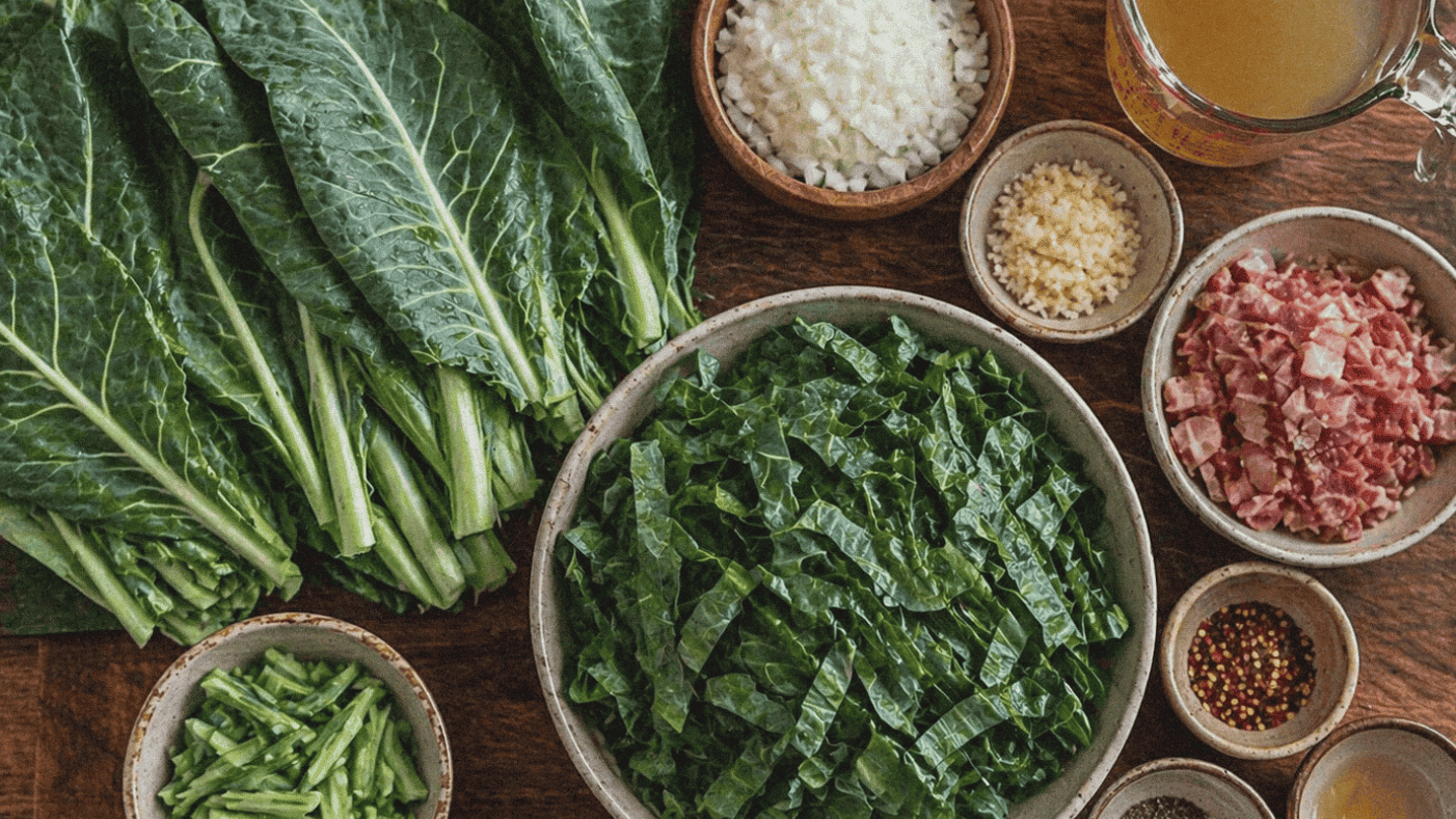 Fresh collard green leaves with chopped collards and seasonings, and cooking ingredients on wooden table.