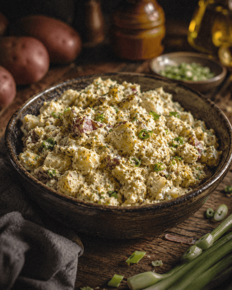 Louisiana potato salad with green onions and spices in a rustic bowl.