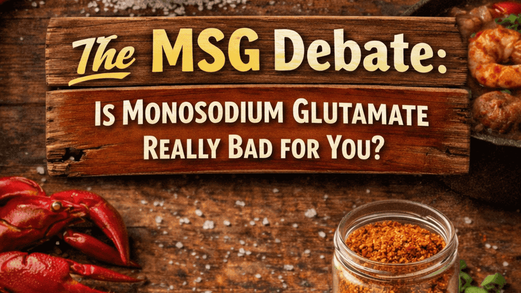 Debate on MSG health effects with fried chicken, spices, and ingredients on a rustic table.