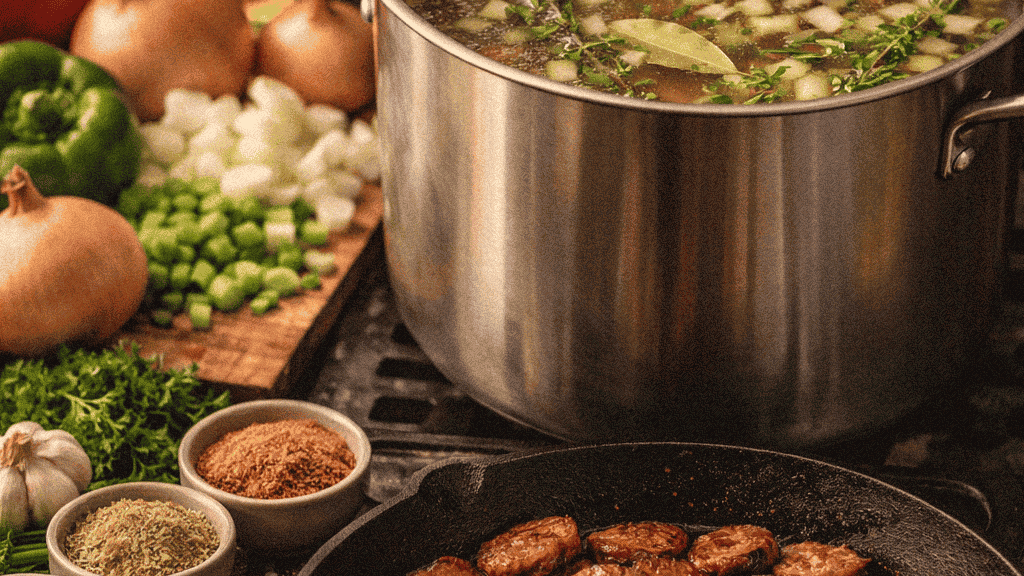 Making jambalaya with browned sausage and stock with fresh ingredients on stove.