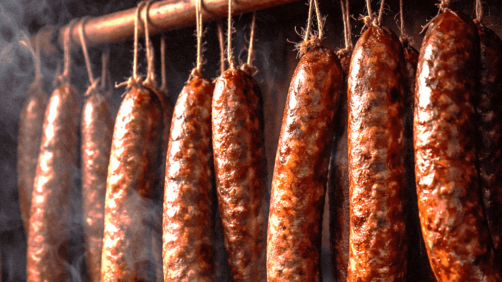 Cajun smoked sausages hanging in a smokehouse for Louisiana cuisine.