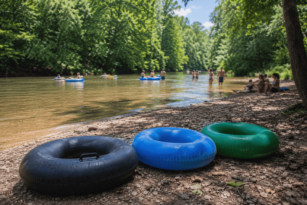 Colorful inner tubes on a Louisiana riverbank with lush green trees in the background.
