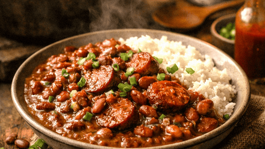 Hearty red beans and sausage served with rice, garnished with green onions, cozy kitchen setting.
