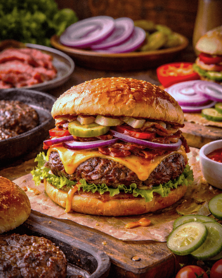 Louisiana-style burger with pickles, onions, lettuce, and cheese on a bun.