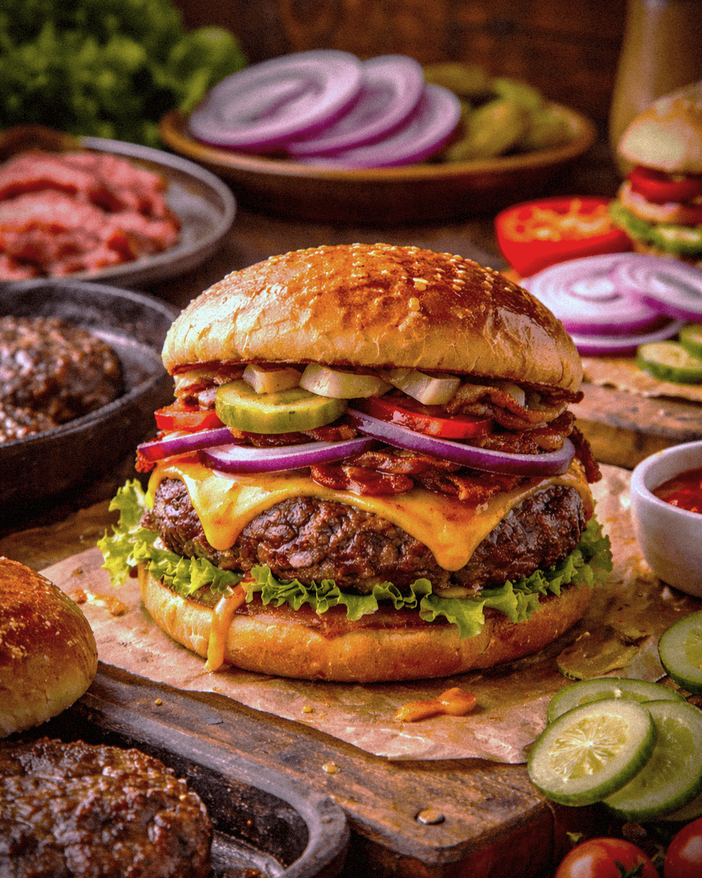 Louisiana-style burger with pickles, onions, lettuce, and cheese on a bun.