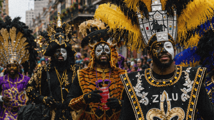 Colorful Mardi Gras parade zulu riders with elaborately dressed performers in historic French Quarter, New Orleans.