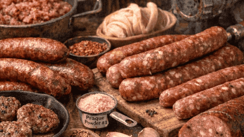 Assorted grilled sausages with spices, garlic, and cooking tools on a rustic wooden surface.