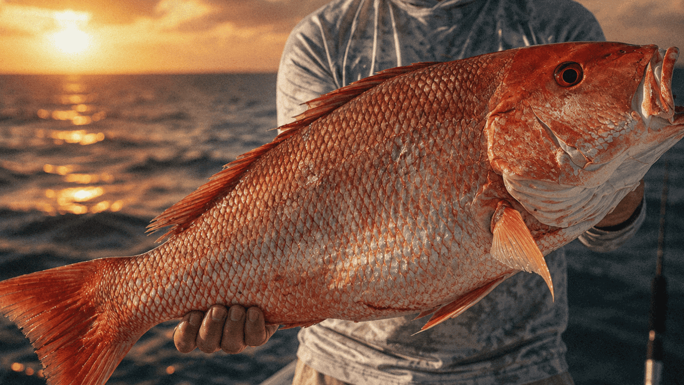 Red Snapper fish held by a person during sunset fishing in the Guld of Mexico.