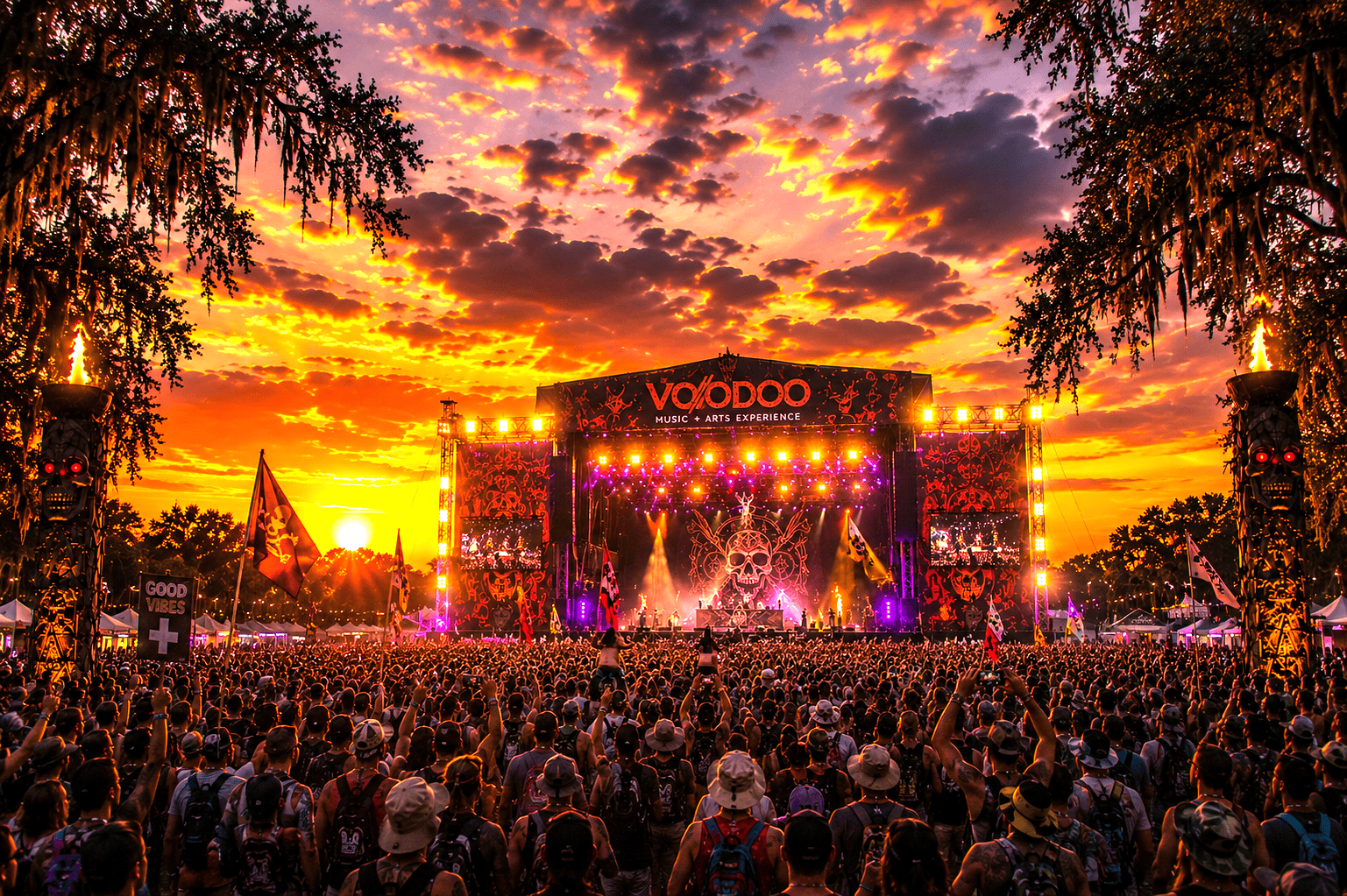 Voodoo Music + Arts Experience festival stage at sunset in Louisiana with large crowd.