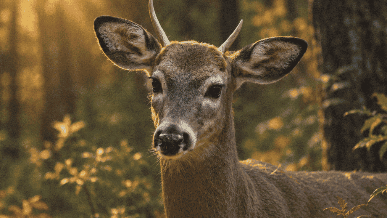 A young white tail buck deer standing in a forest at sunrise