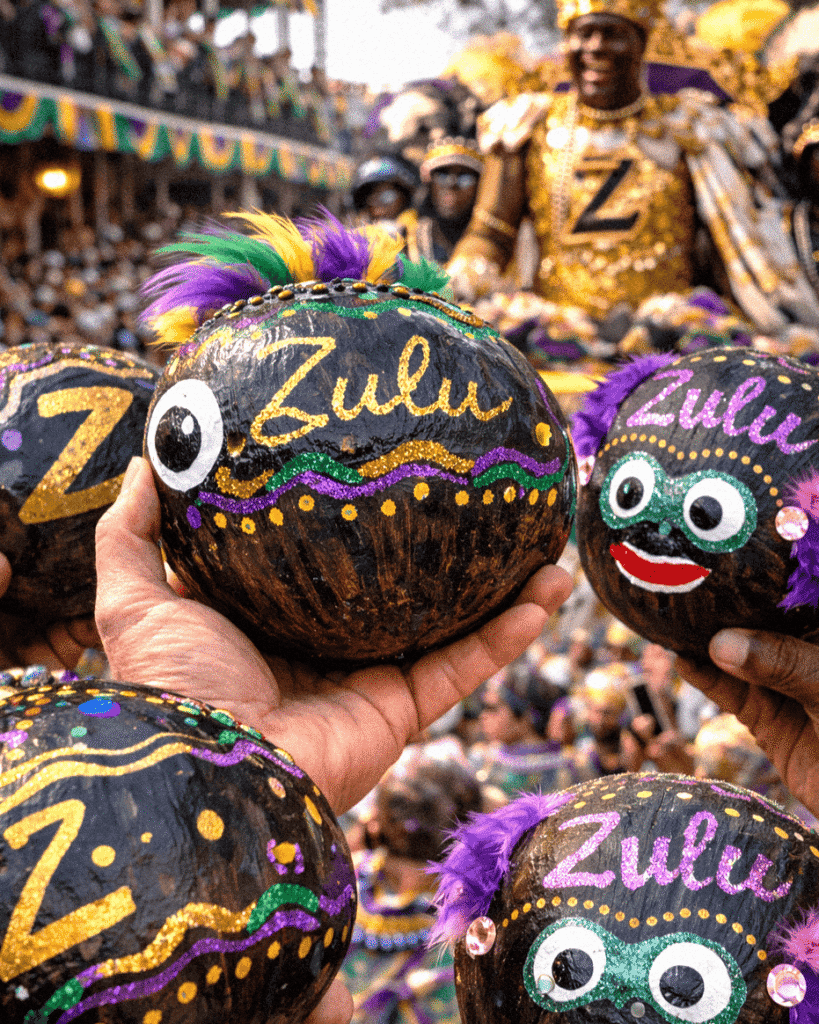 Colorful decorated Zulu coconuts at Louisiana Mardi Gras parade.