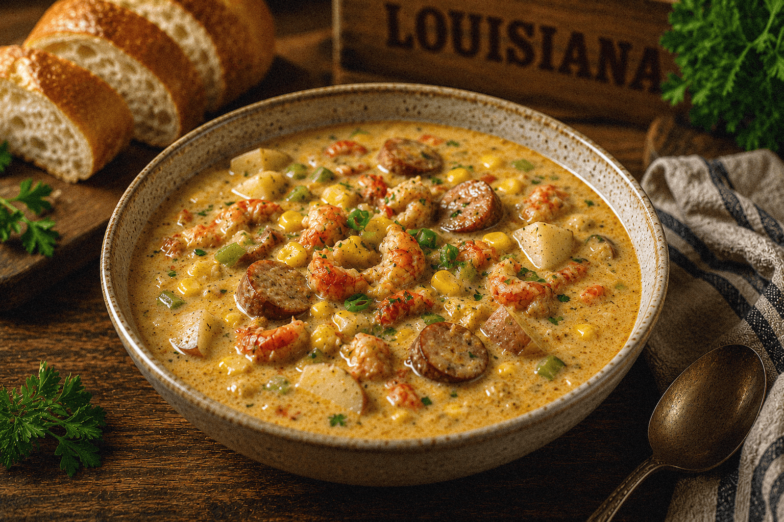 Louisiana Cajun sausage and corn chowder in a rustic bowl with herbs and bread.