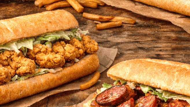 A delicious assortment of Po'boys from Louisiana with crispy fries on a rustic wooden table by the river as we discover Louisianas best Po'boys.