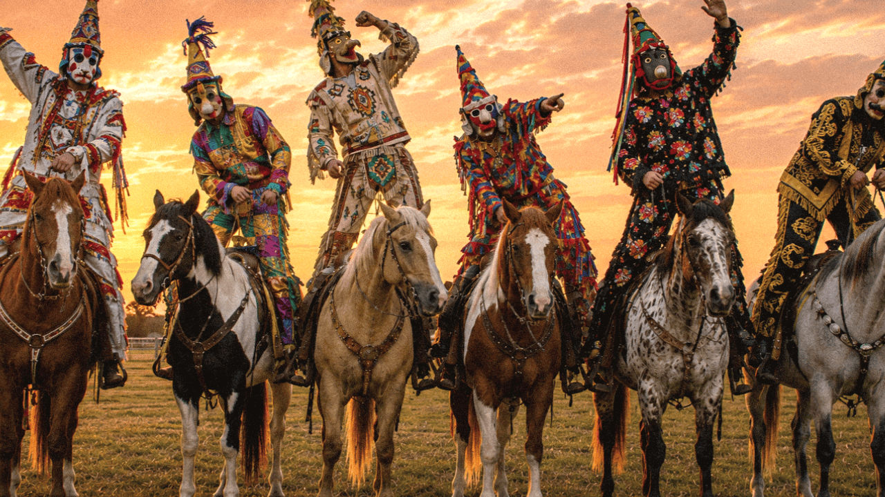 Colorful costumed horse riders celebrating at sunset, showcasing vibrant traditional attire and fest.