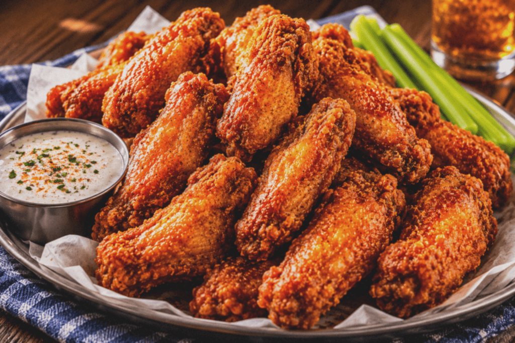 Crispy Louisiana fried chicken wings with dipping sauce and celery sticks.