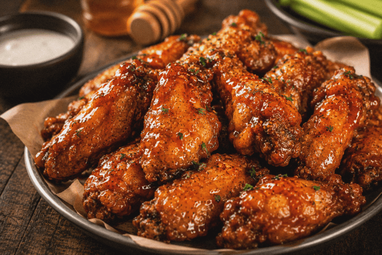 Crispy Cajun-style chicken wings glazed with spicy sauce on a rustic plate.