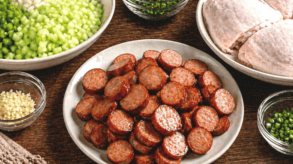Delicious sausage slices, chicken thighs, and fresh chopped vegetables on a rustic wooden table.