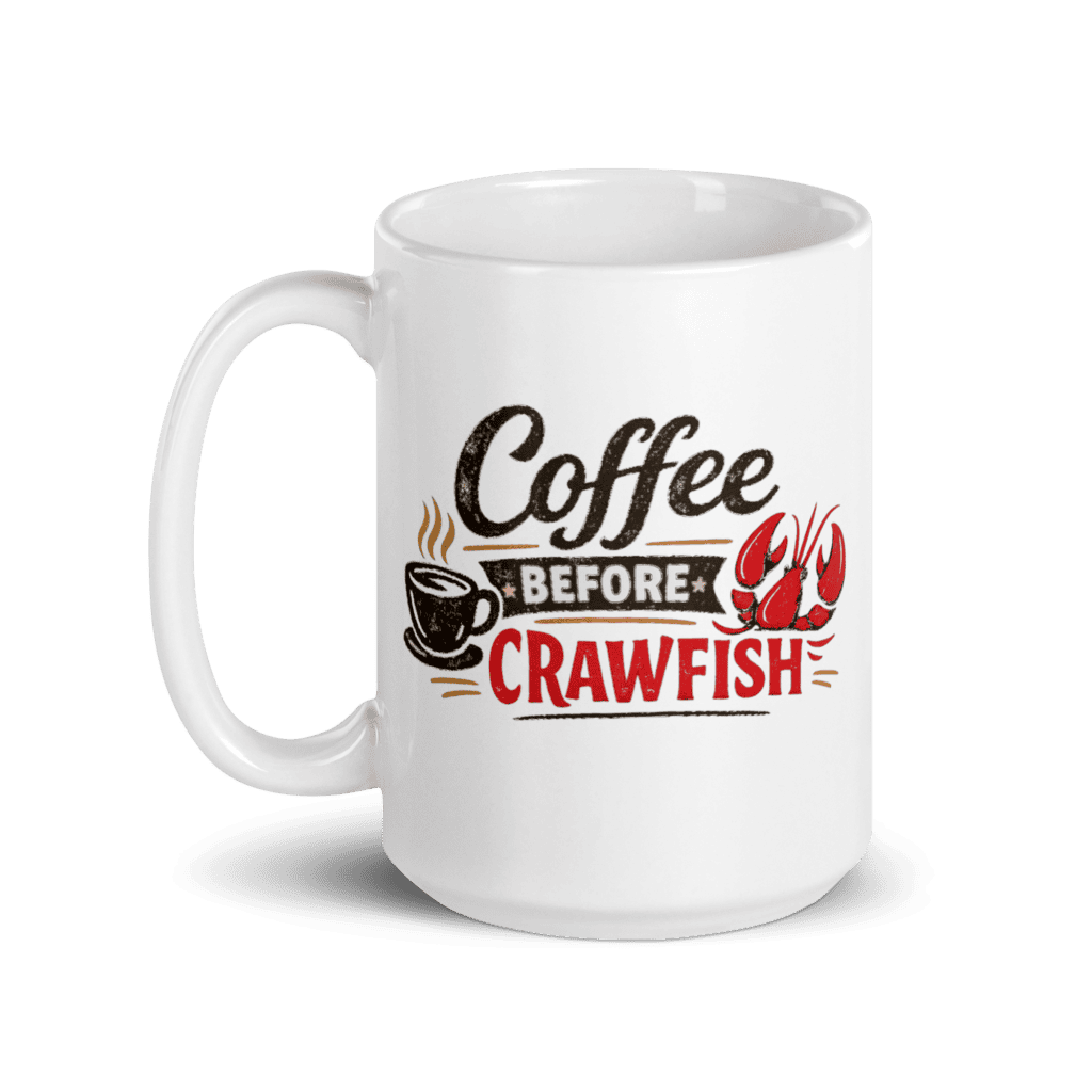 Louisiana-themed coffee mug with crawfish and Cajun style text.
