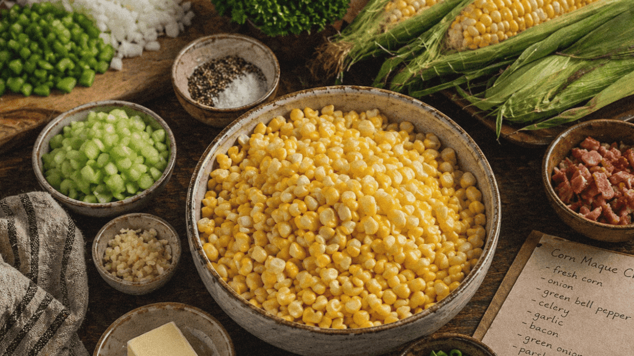 Corn and vegetable ingredients for making corn maque choux recipe.