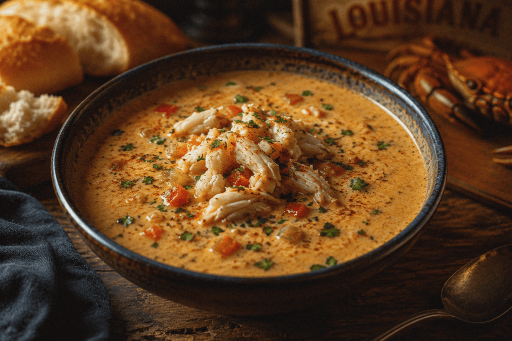 Louisiana crawfish bisque in a rustic bowl with bread on the side.