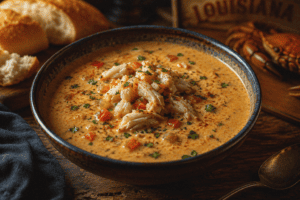 Louisiana crawfish bisque in a rustic bowl with bread on the side.