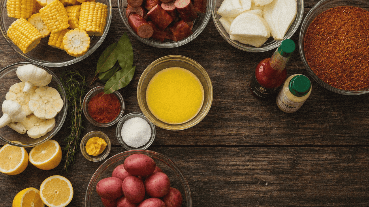 Assorted fresh vegetables like potatoes and corn getting ready for a crawfish boil with, sausages, and spices arranged on a wooden table.
